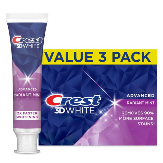 Crest 3D White Advanced Teeth Whitening Toothpaste, Radiant Mint, 3.3 oz, Pack of 3